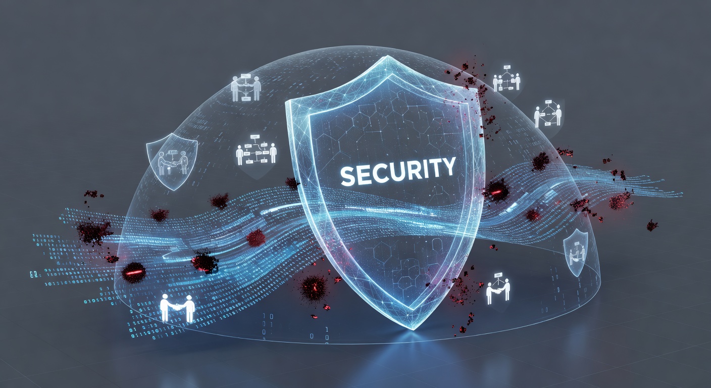 Futuristic AI shield protecting digital code from vulnerabilities