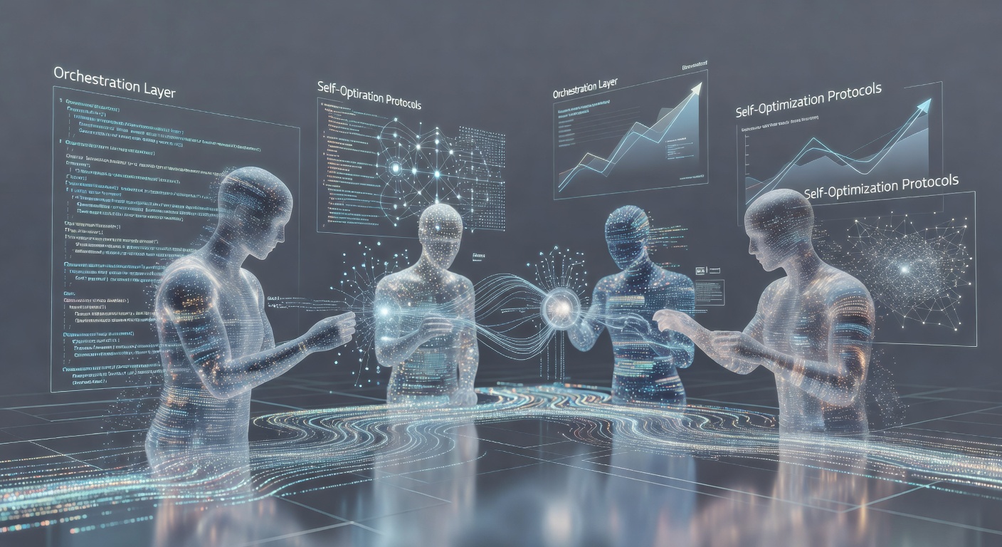 Abstract illustration of futuristic AI agents collaborating in a digital workspace