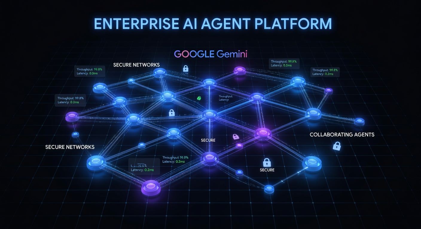 Futuristic enterprise AI agent platform with secure networks and collaborating agents in Google Gemini style