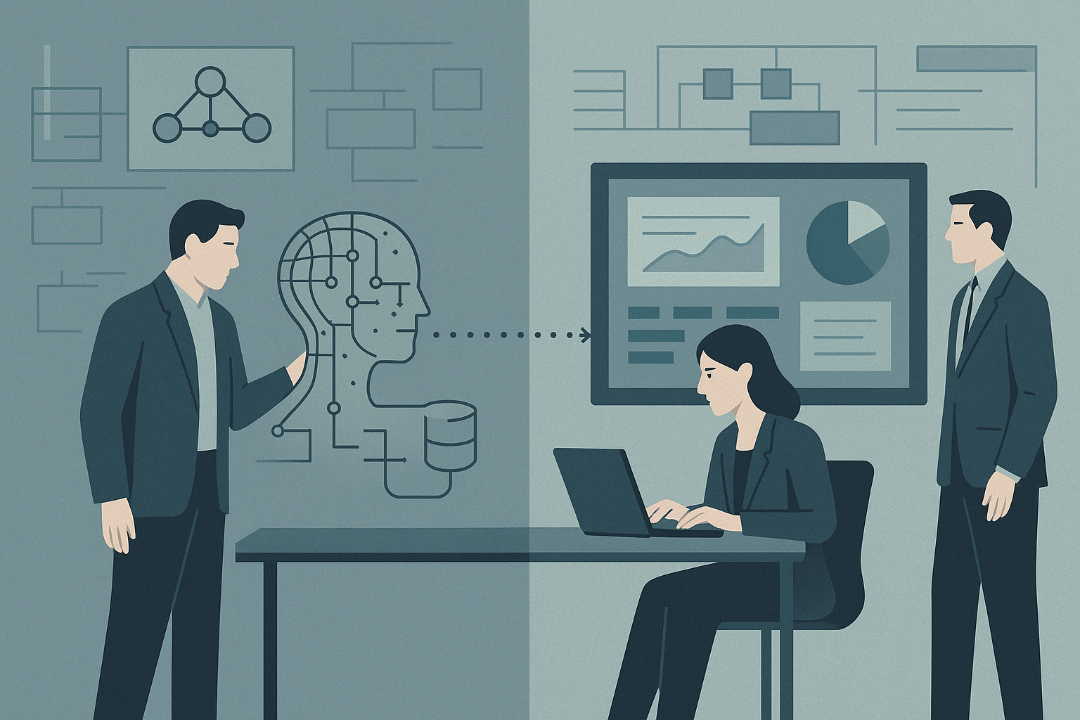 Abstract enterprise AI workflow moving from pilot to production