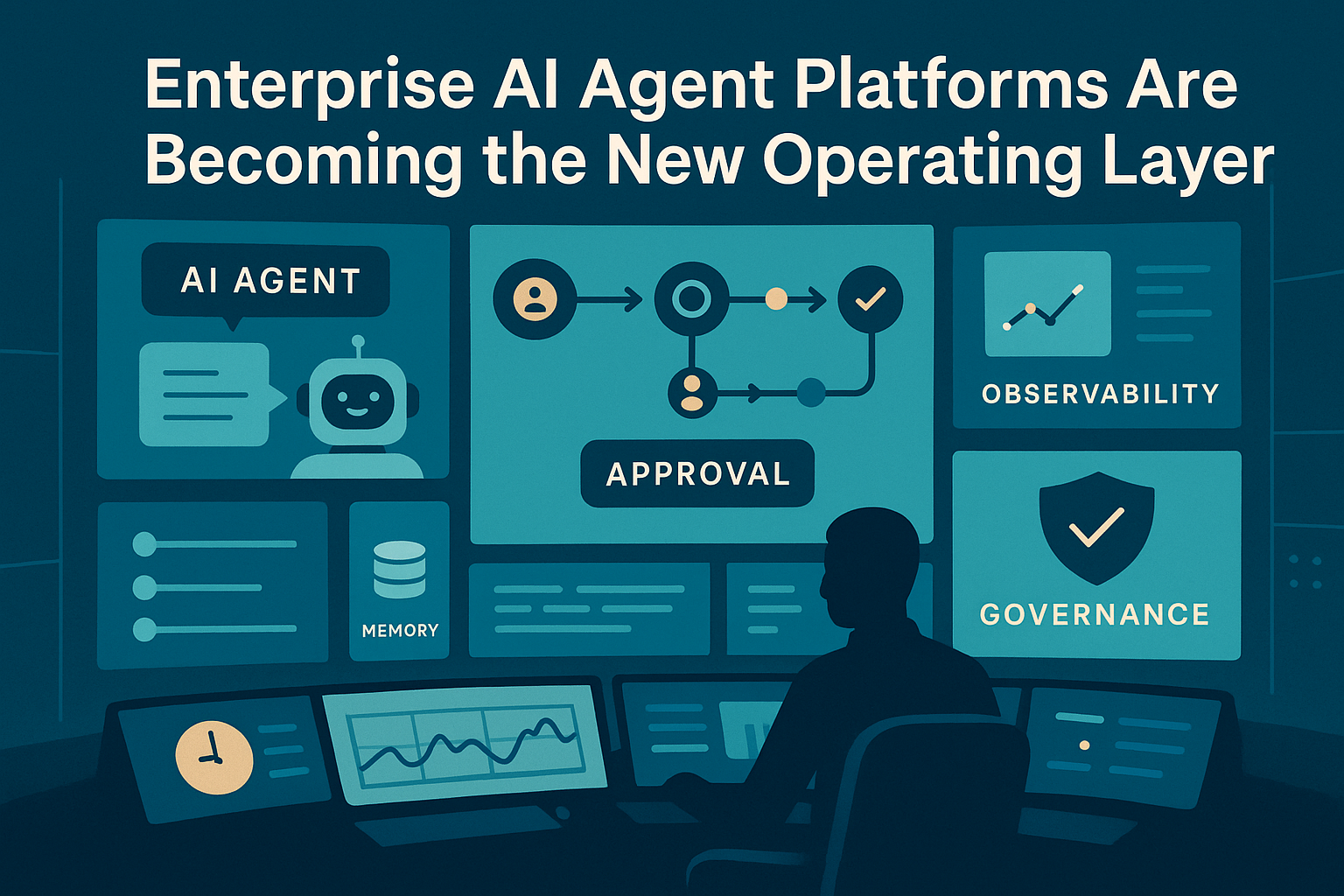 Abstract control room for enterprise AI agents with workflows, approvals, and observability dashboards